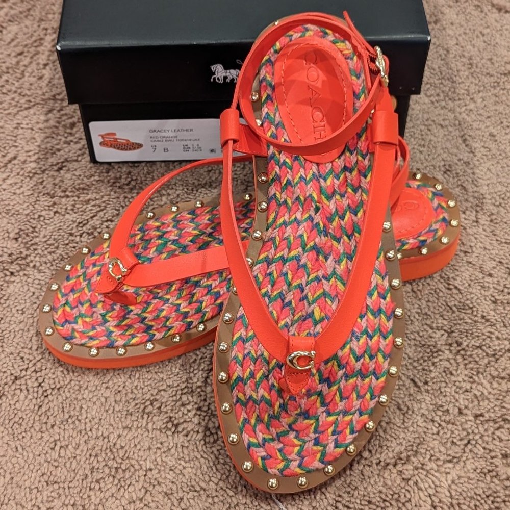 COACH Gracey Leather Red Orange Sandal Size 7 NEW WITH BOX - Picture 8 of 12